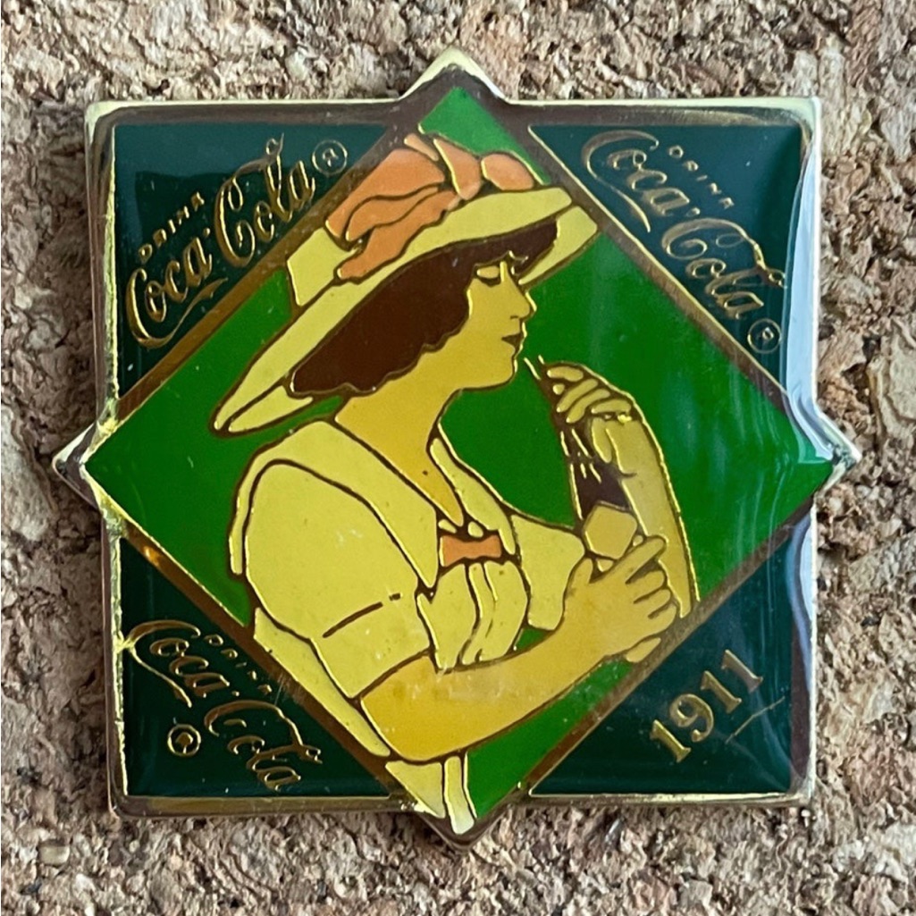 Vintage Coca Cola 1911 Gibson Girl In Yellow Enjoying A Coke Enamel Pin